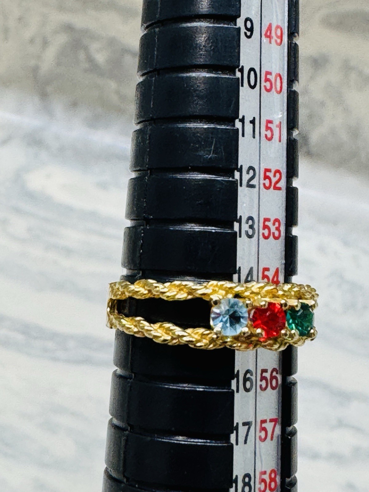 Vintage Gold Plated Sample Ring 3 Stone Blue Red Green CZ Size 7 Twisted Band