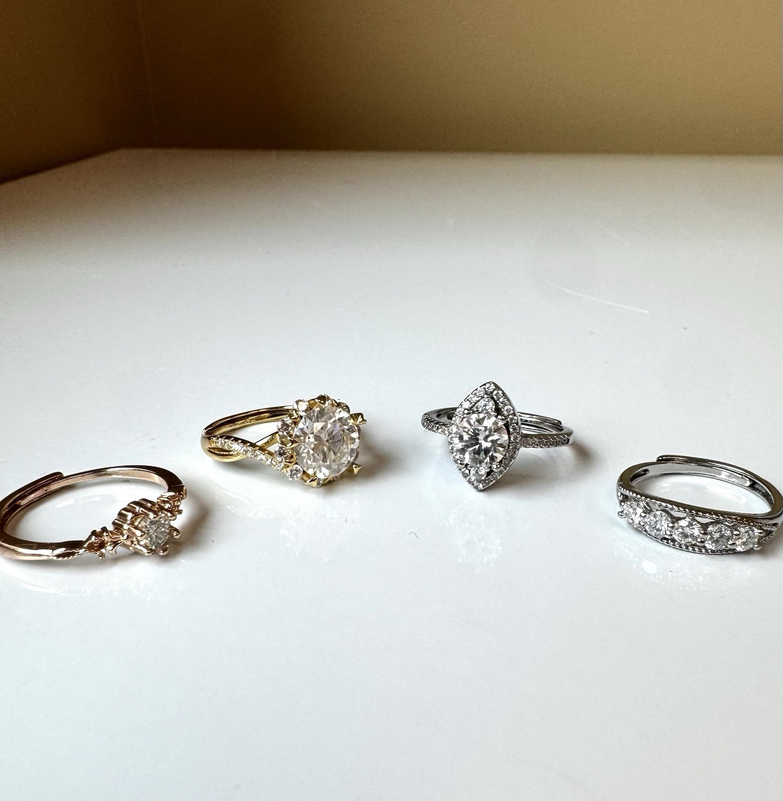 Vintage Style Silver and Gold Toned Adjustable Moissanite 4 Ring Bundle + Bonus!