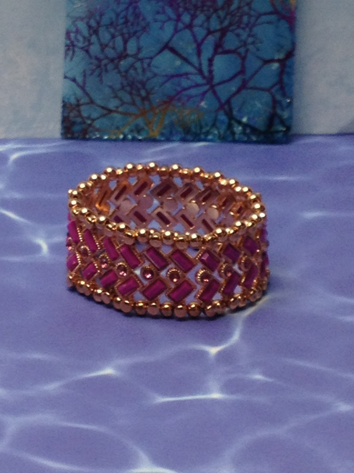 Women Rose Gold Stretch Bracelet w/ Double Row Purple Stones & Pink Crystals NEW