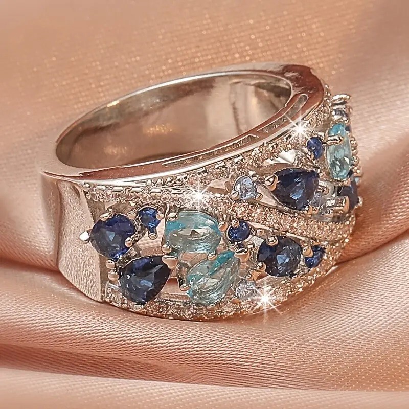 Elegant 925 Sterling Silver Blue White Topaz Wedding Engagement Ring Size 9