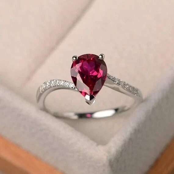 2.82 Ct Pear Cut Natural Ruby Diamond Wedding Ring 14K White Gold