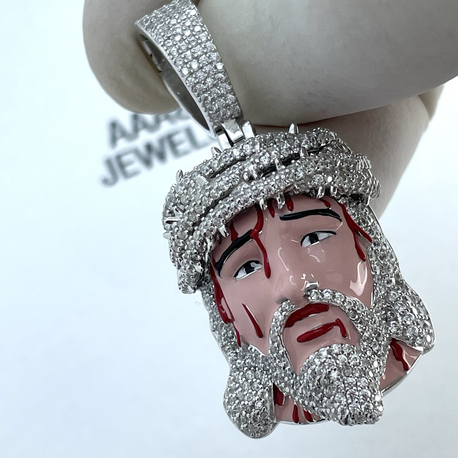 REAL 925 STERLING SILVER CUBIC ZIRCONIA JESUS FACE PENDANT