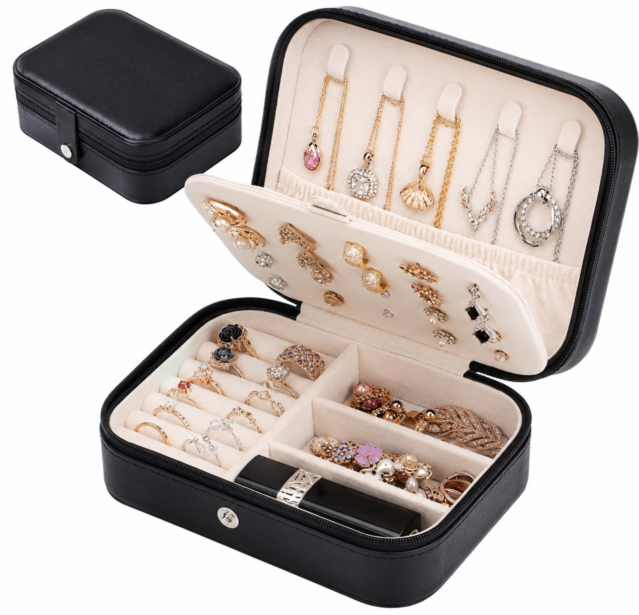 Travel Jewelry Organizer Case Double Layer PU Leather Black