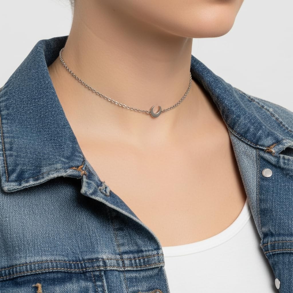 Celestial Crescent Moon Choker Necklace – Adjustable Stainless Steel Elegance