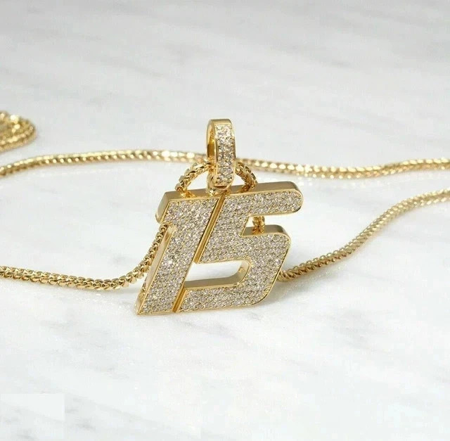 Men’s 2.50Ct Round Cut Moissanite 14K Yellow Gold Plated Custom Number Pendant