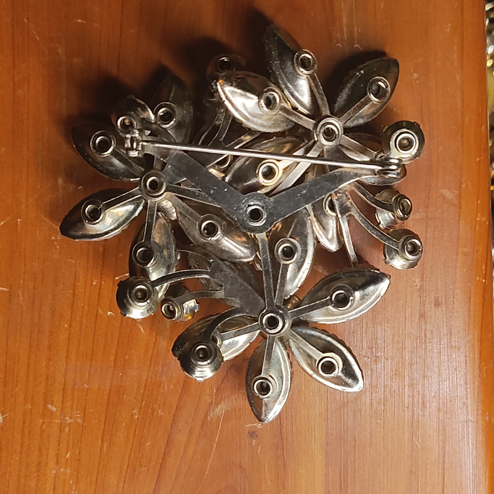 Judy Lee Flower Brooch Silver Tone Orange & Brown Round Rhinestones Prong Set