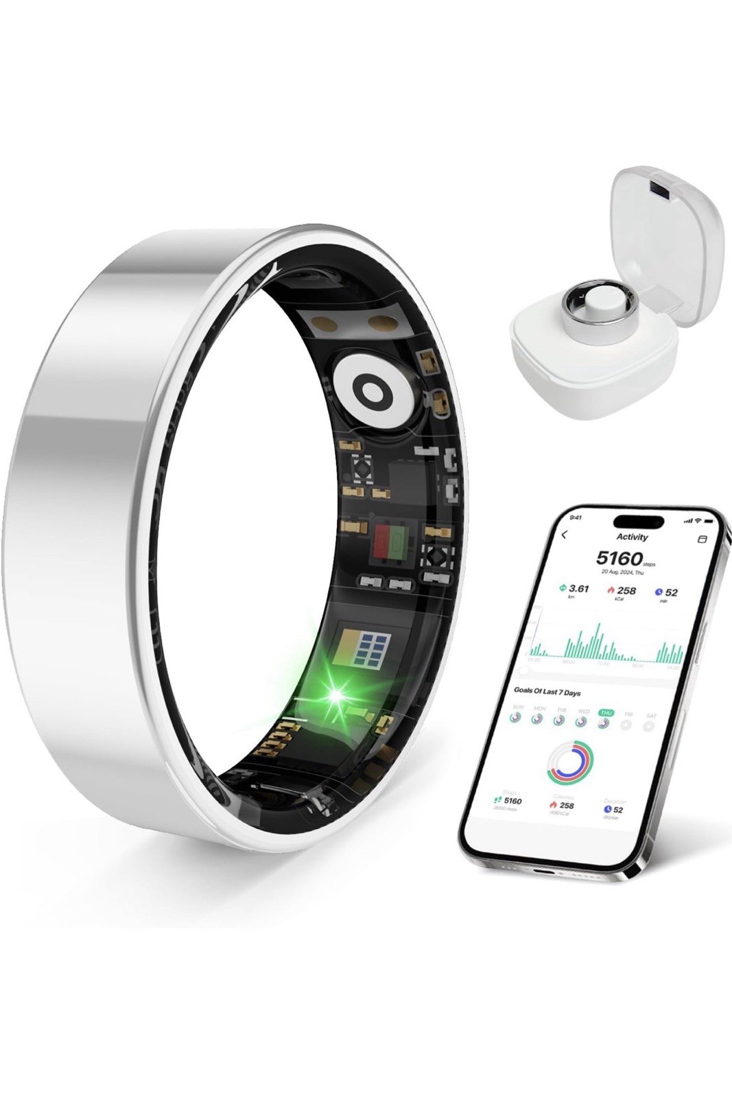 Smart Sleep Tracker Ring Size 9 Silver Palladium Plated Metal Band + Case