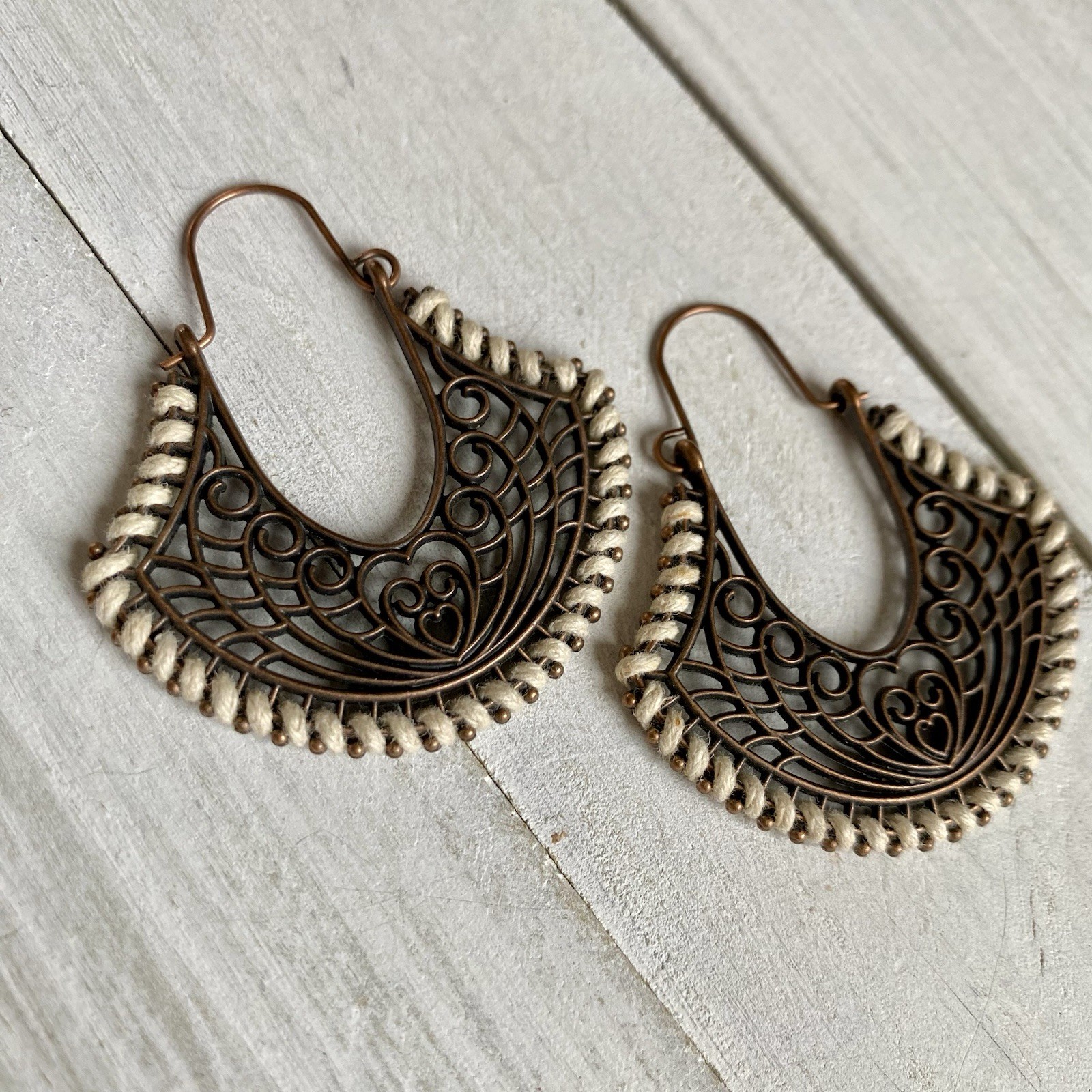 Cream Hemp Edged Filigree Pendant Antique Copper Artisan Boho Earrings