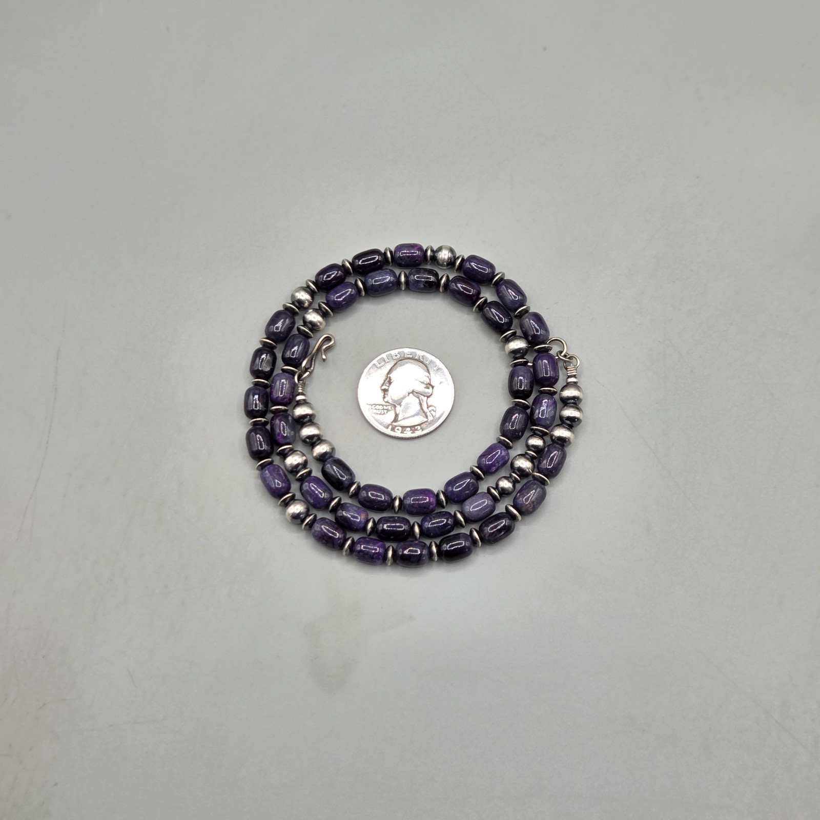 21.5″ Rare Sugilite Sterling Navajo Pearl Necklace Southwest Squash Petite 6+mm