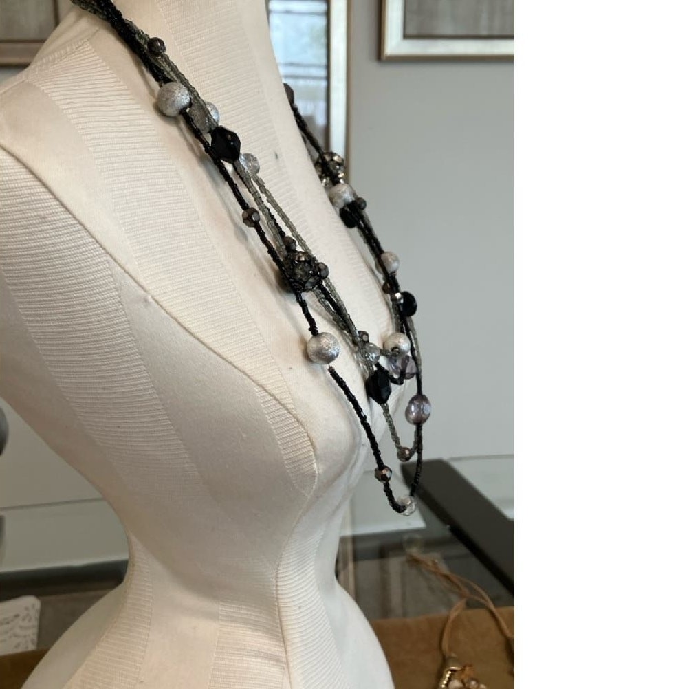 Four Strand Black Silver and Grey Beaded Necklace