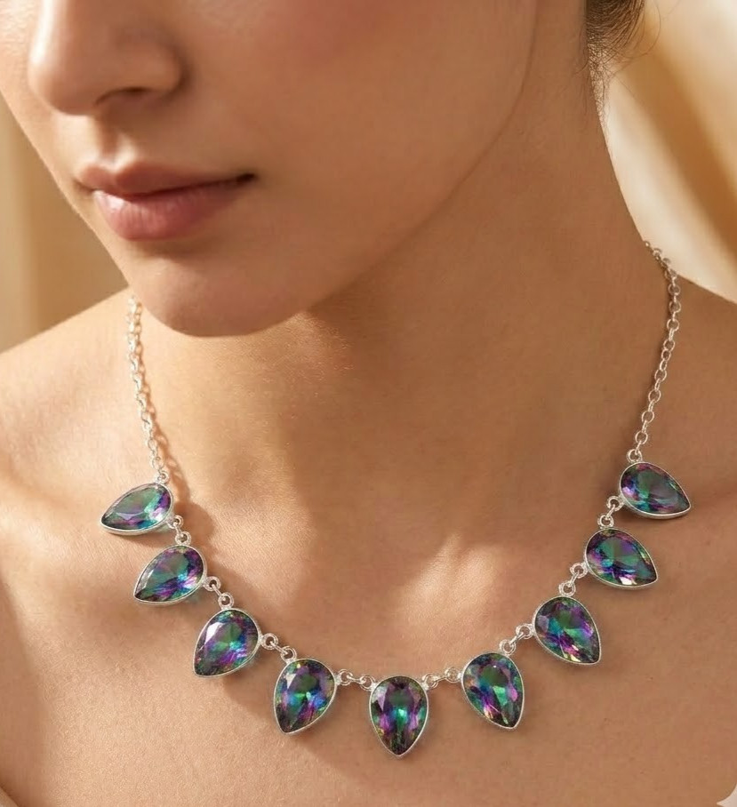 Rainbow Mystic Topaz Gemstone 925 Sterling Silver Jewelry Necklace Size-17-18″