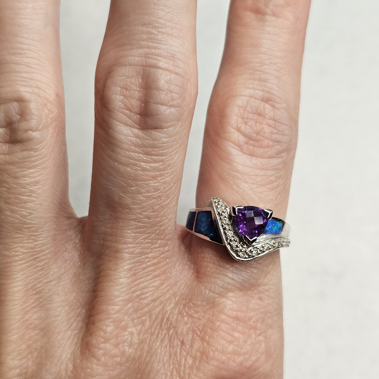 14K White Gold Amethyst Diamond Opal Inlay Ring Designer Style Estate Sz 6.25