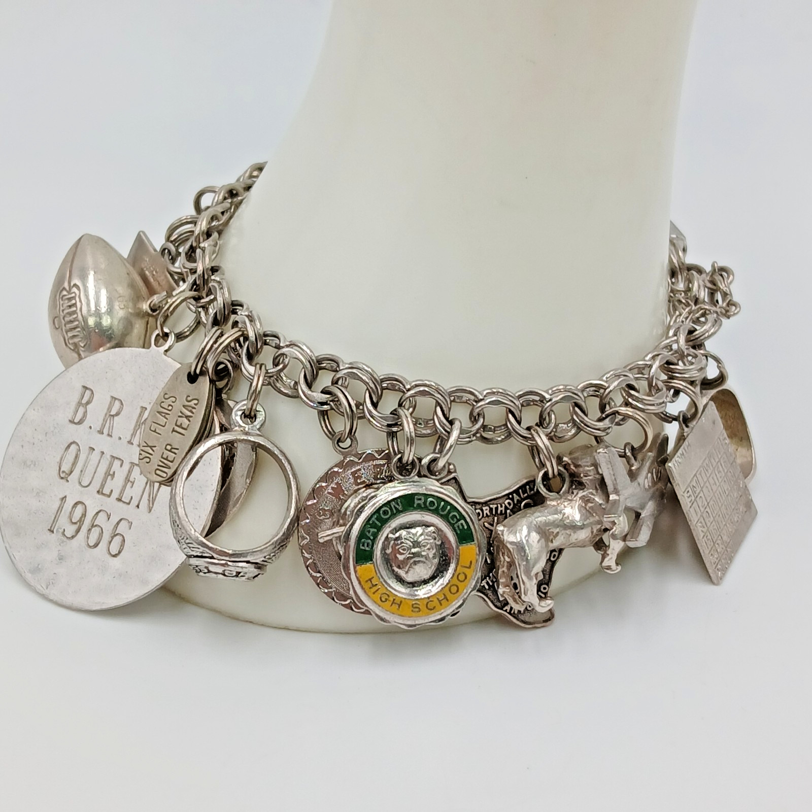 VTG 60s Charm Bracelet 8in Sterling Silver 70g JANE School Travel Faith South US