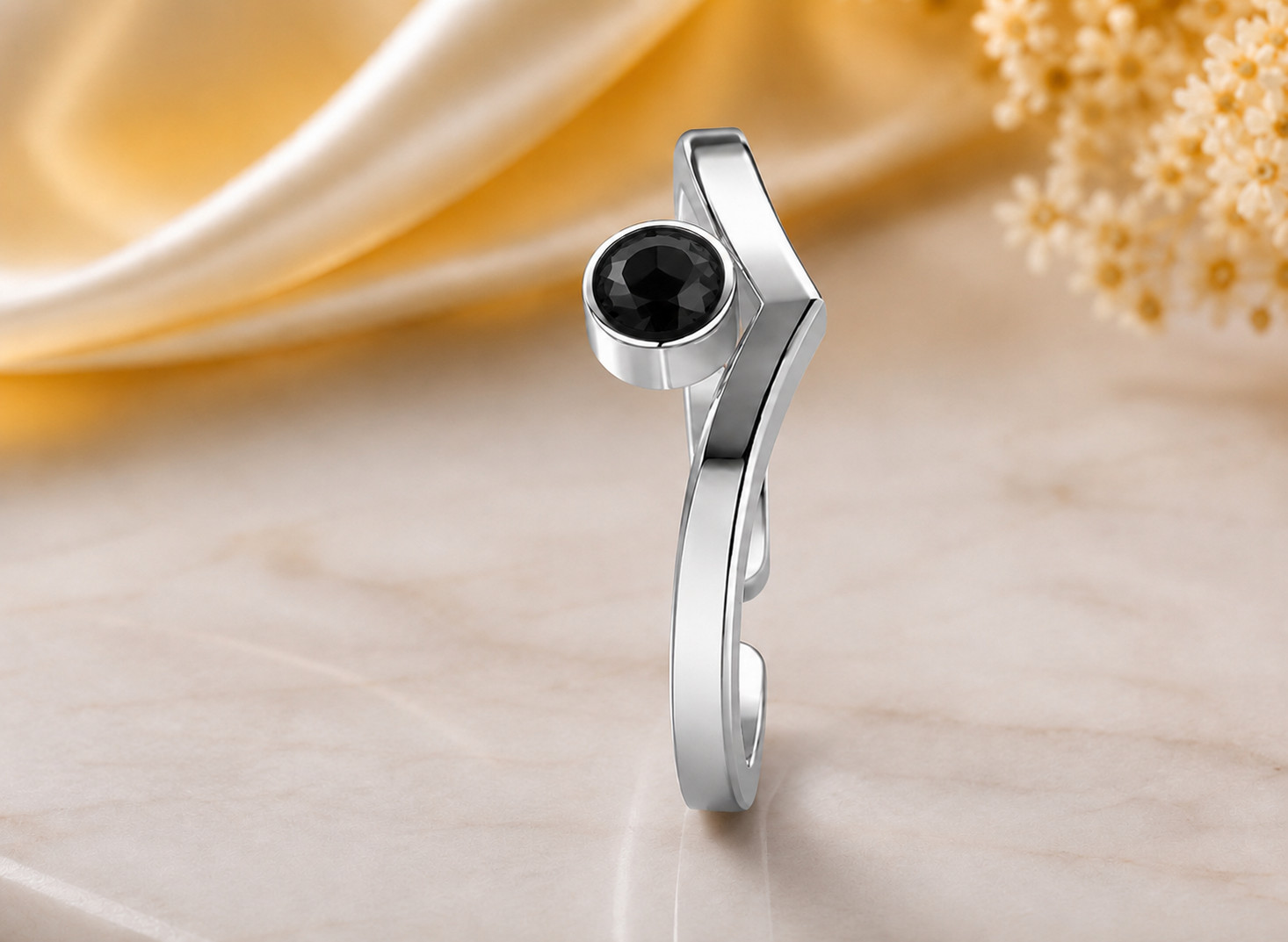 925 Sterling Silver Black Spinel Open V Ring Minimalist Chevron Band Gift
