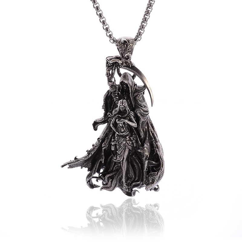Gothic Grim Reaper Scythe Skull Pendant Necklace Men Punk Biker Halloween Gift
