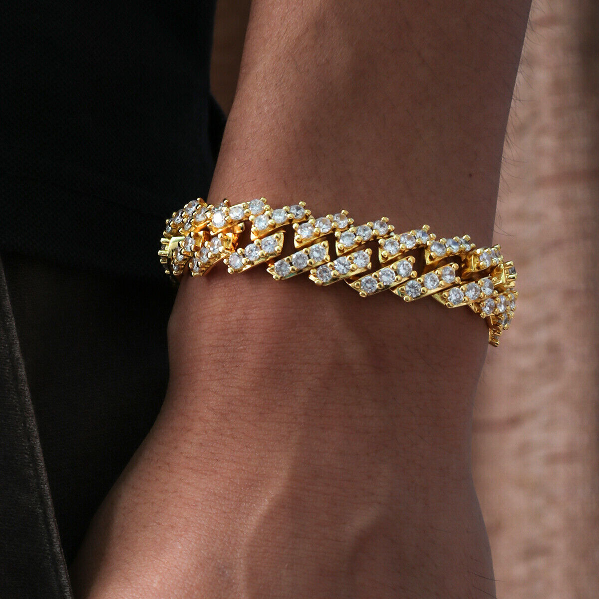 18K Gold Plated Full Iced CZ Out Stainless Steel Miami Cuban Link Bracelet Chain
