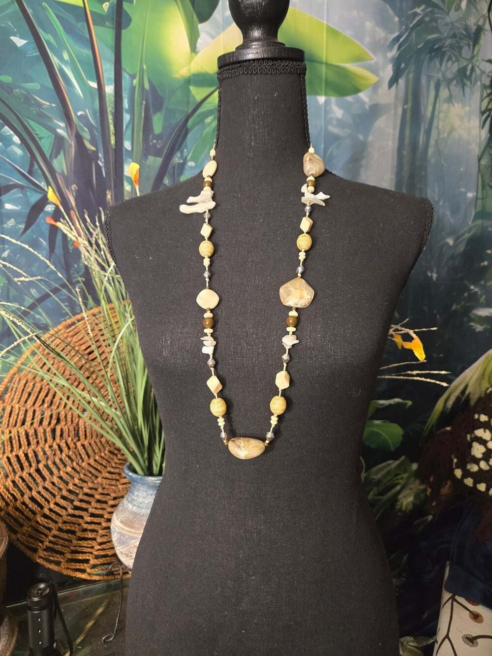Chico’s Long Beaded Statement Necklace with Natural Shells and Acrylic Beads