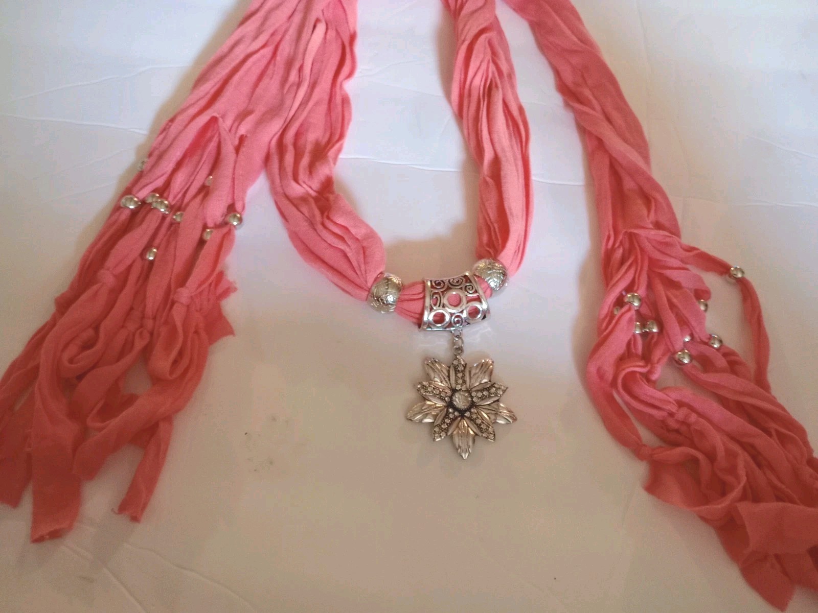 NEW Scarf Necklace with pendant, PEACH with silver tone jewelry