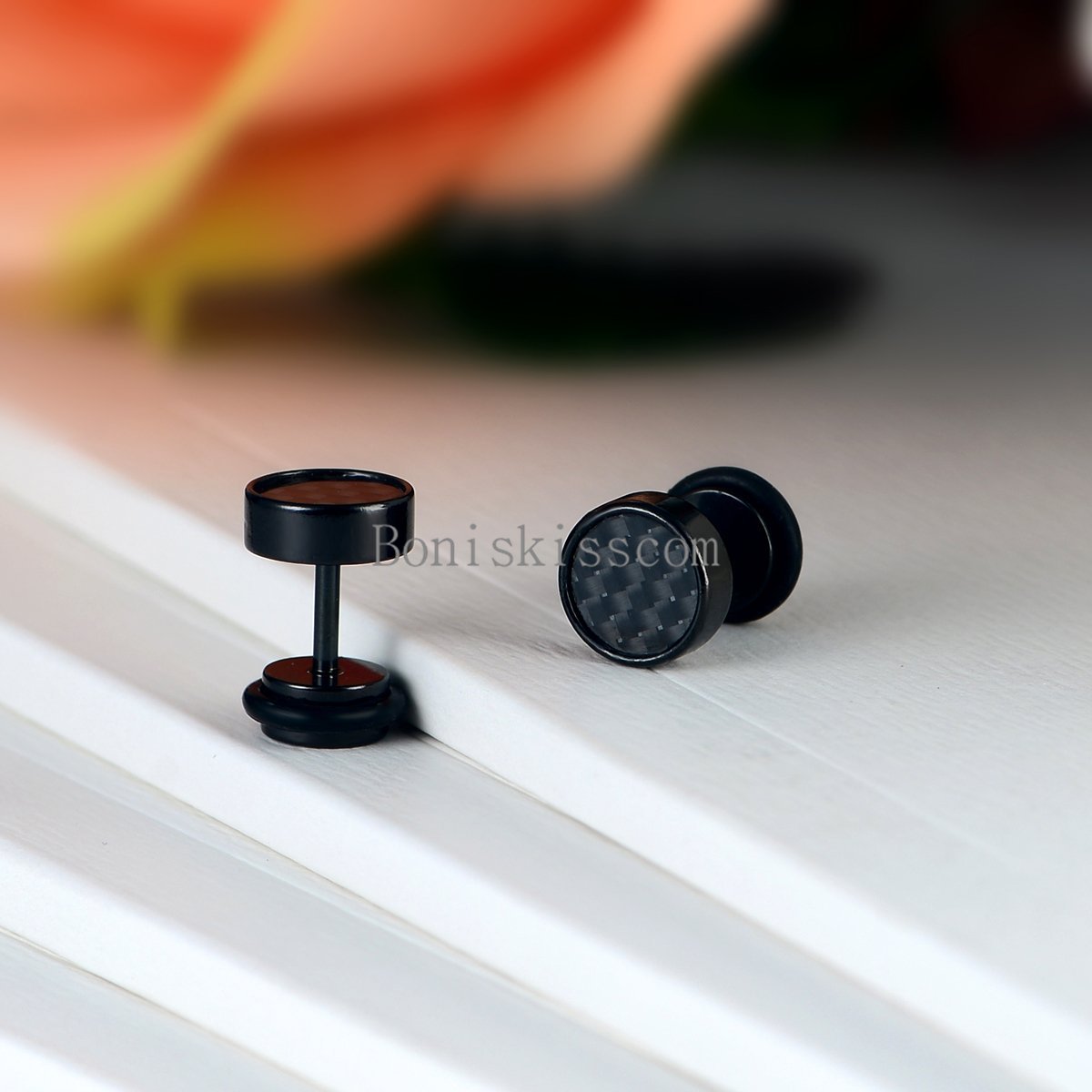 Men’s Women’s Stainless Steel Carbon Fiber 8mm Round Barbell Stud Earrings 2Pcs