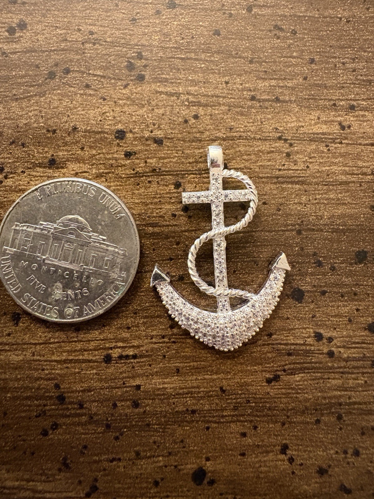 Silver Tone Nautical Anchor Cross Pendant Pavé Round White Crystal Rhinestones
