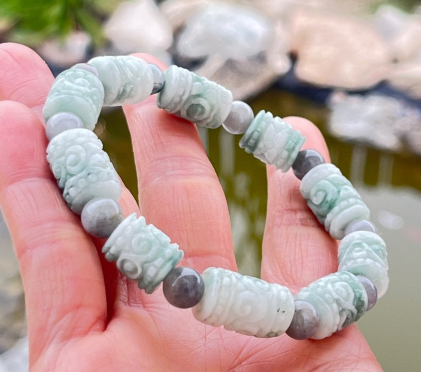 Natural Burmese Jadeite Bracelet Type A Hand-Carved Barrel Beads 184.25ct Myanma