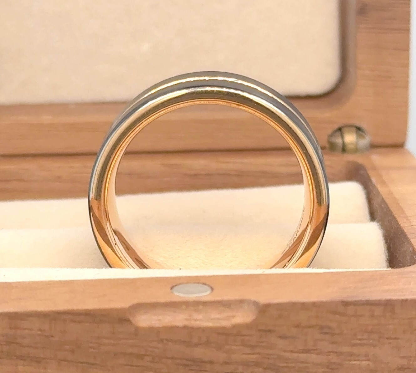 Modern Rose Gold And Black Tungsten Ring – Unique Grooved Pattern Couple Band