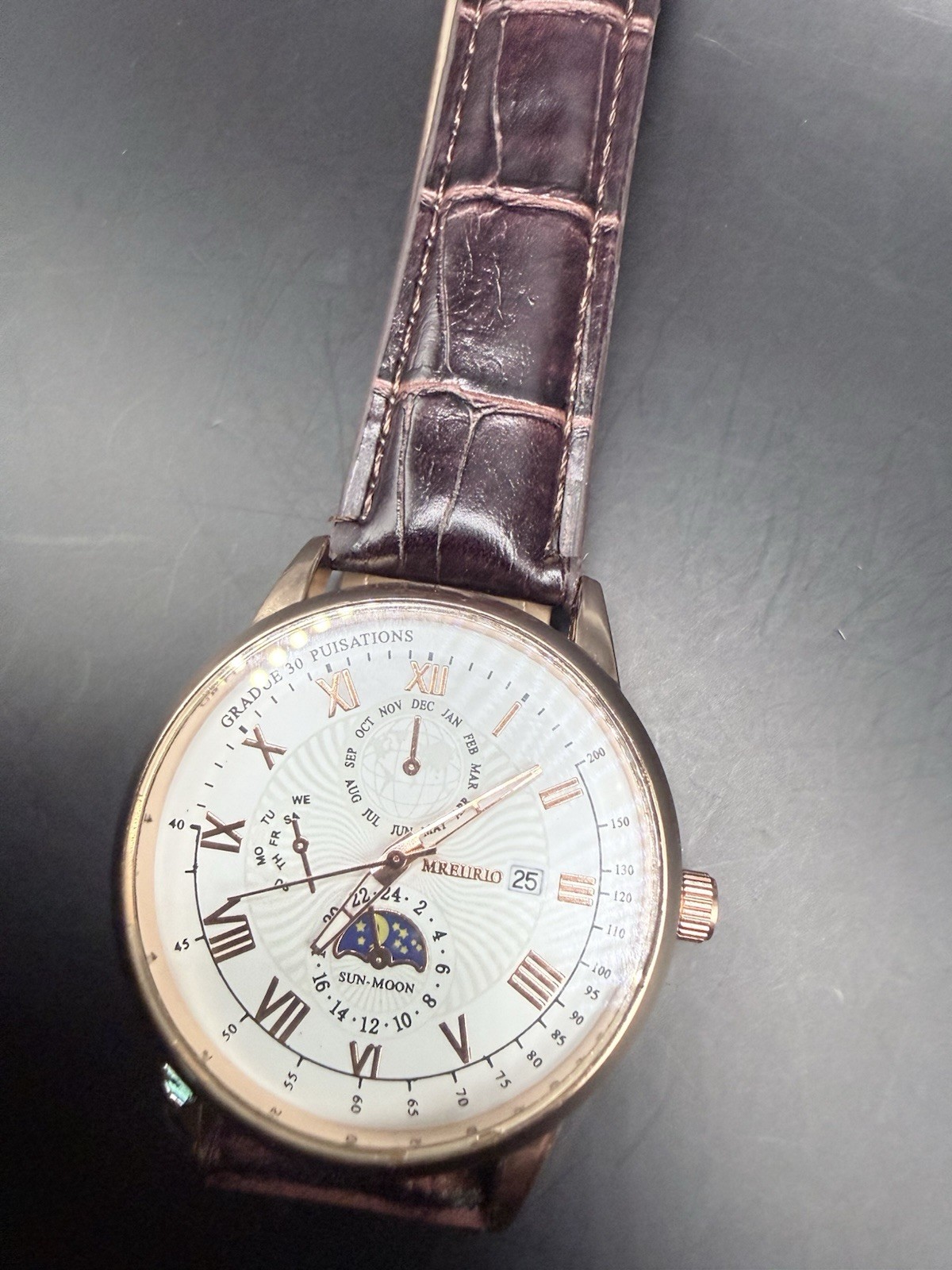 Mreurio Mens Brown Tone Leather Analog Day Date Quartz Watch As Is Working