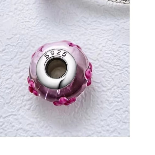 PINK FLORAL HANDPAINTED LAMPWORK GLASS STERLING SILVER CORE CHARM BRACELET BEAD