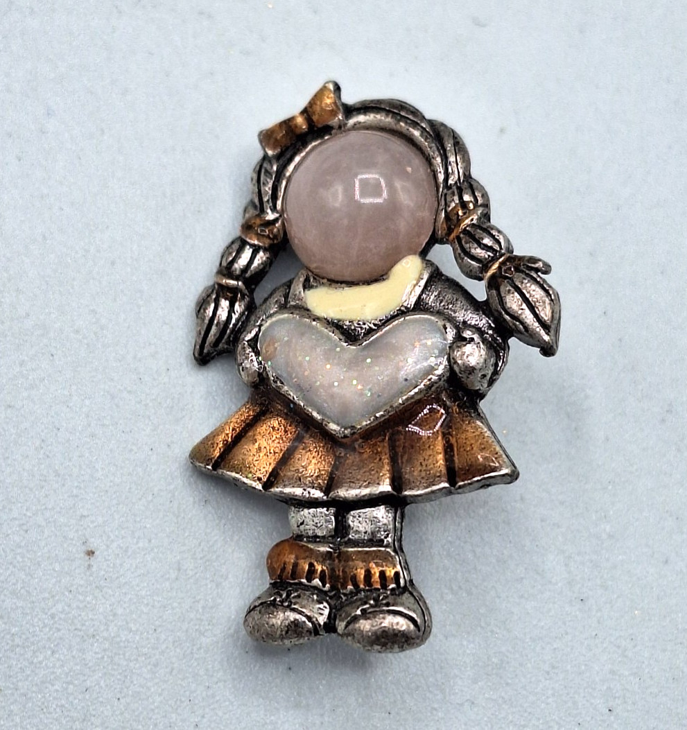 Vintage AJMC Silver Tone Girl with Heart Brooch, Rose Quartz Face