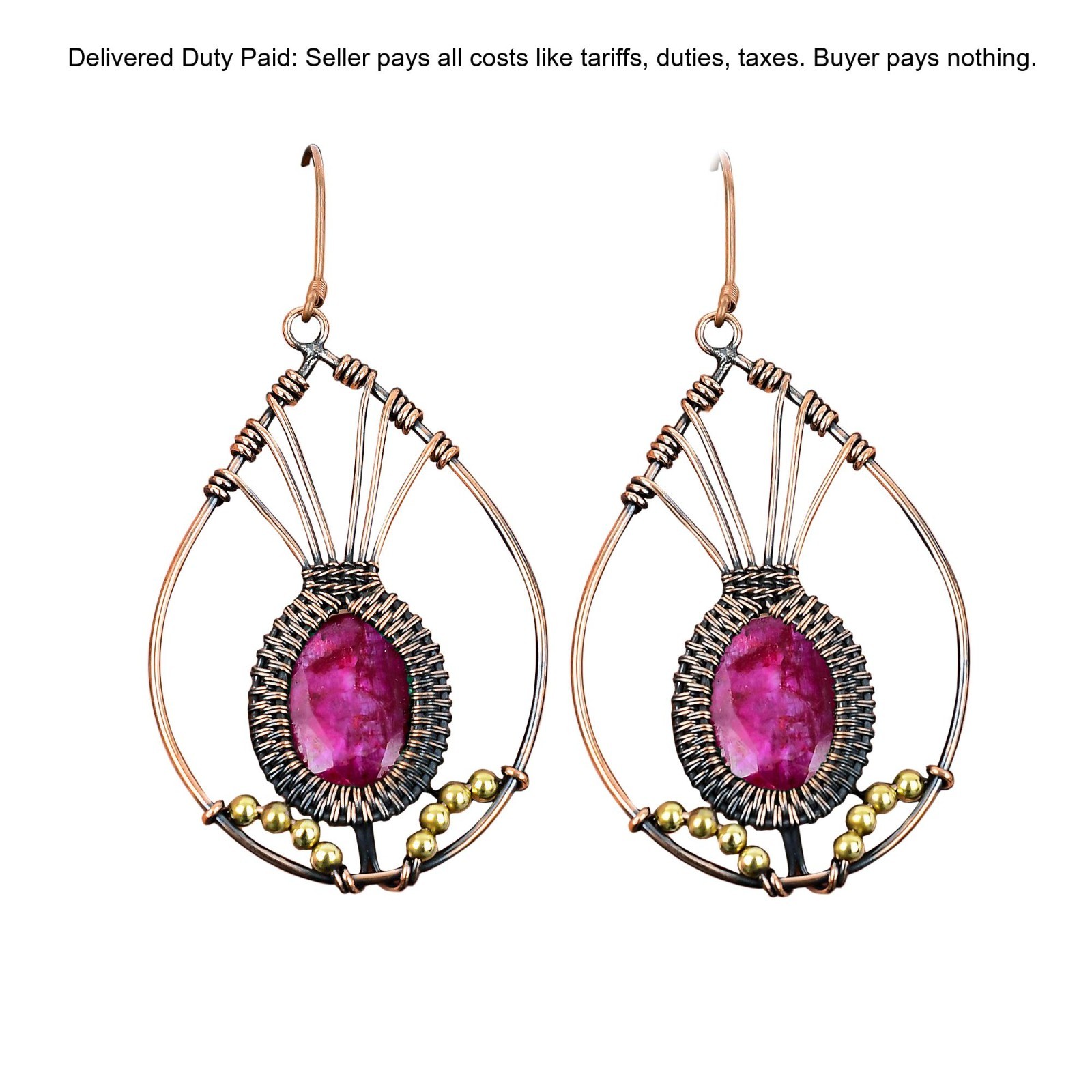 Copper Kashmir Rubi Stone Dangle Hook Wire Wrapped Engagement Earrings Jewelry