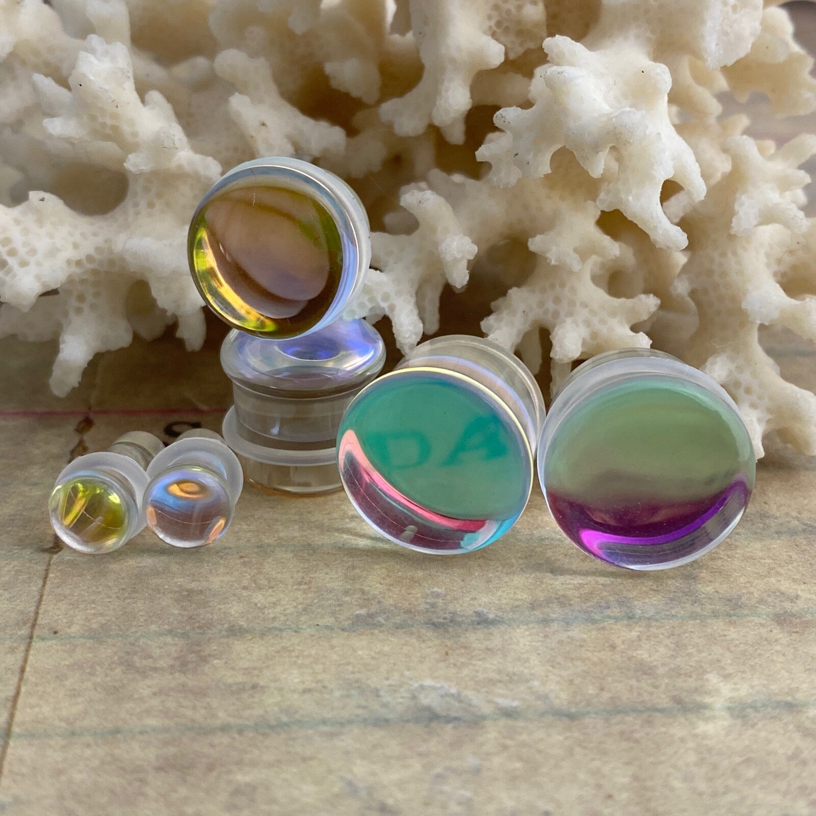 Aurora Borealis Single Flare Glass Plugs (PG-574) gauges
