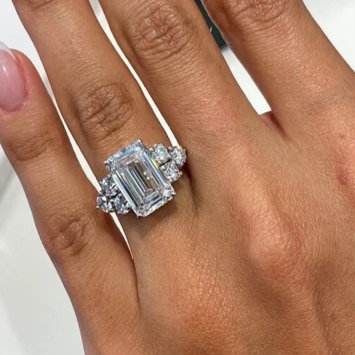 Lab Grown Diamond 6.50 Ct Emerald-Cut Hidden Halo Engagement Ring 14K White Gold