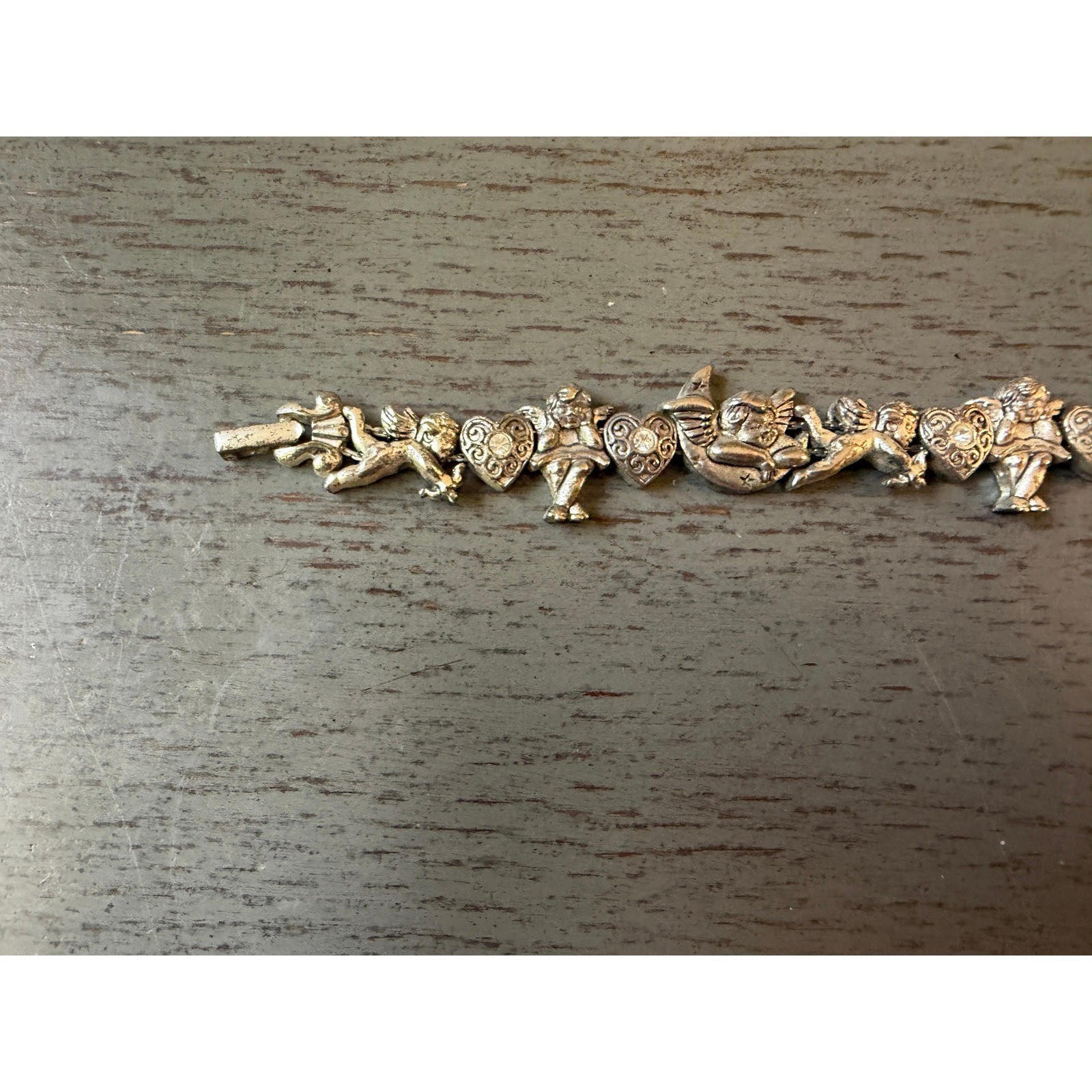 Vintage Silver Tone Cherub Angel Heart Rhinestone Link Bracelet Celestial 7.25in