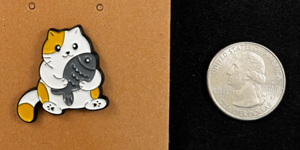 Cat with Fish – Enamel Pin – Novelty – Animals – About 1 Inch High