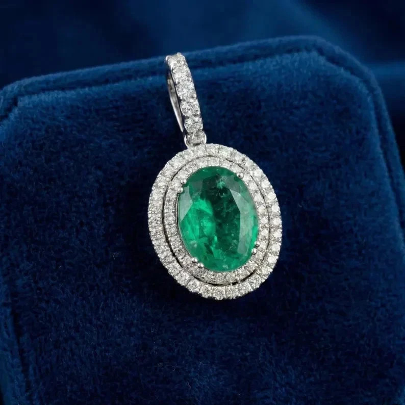 3.17 Ct Oval Cut Emerald Pendant Wedding Pendant 14k White Gold