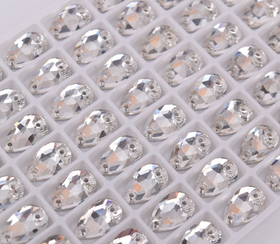 100 pcs Glass Crystal Clear Sew On Rhinestones Tear Drop Flatback Size Selection