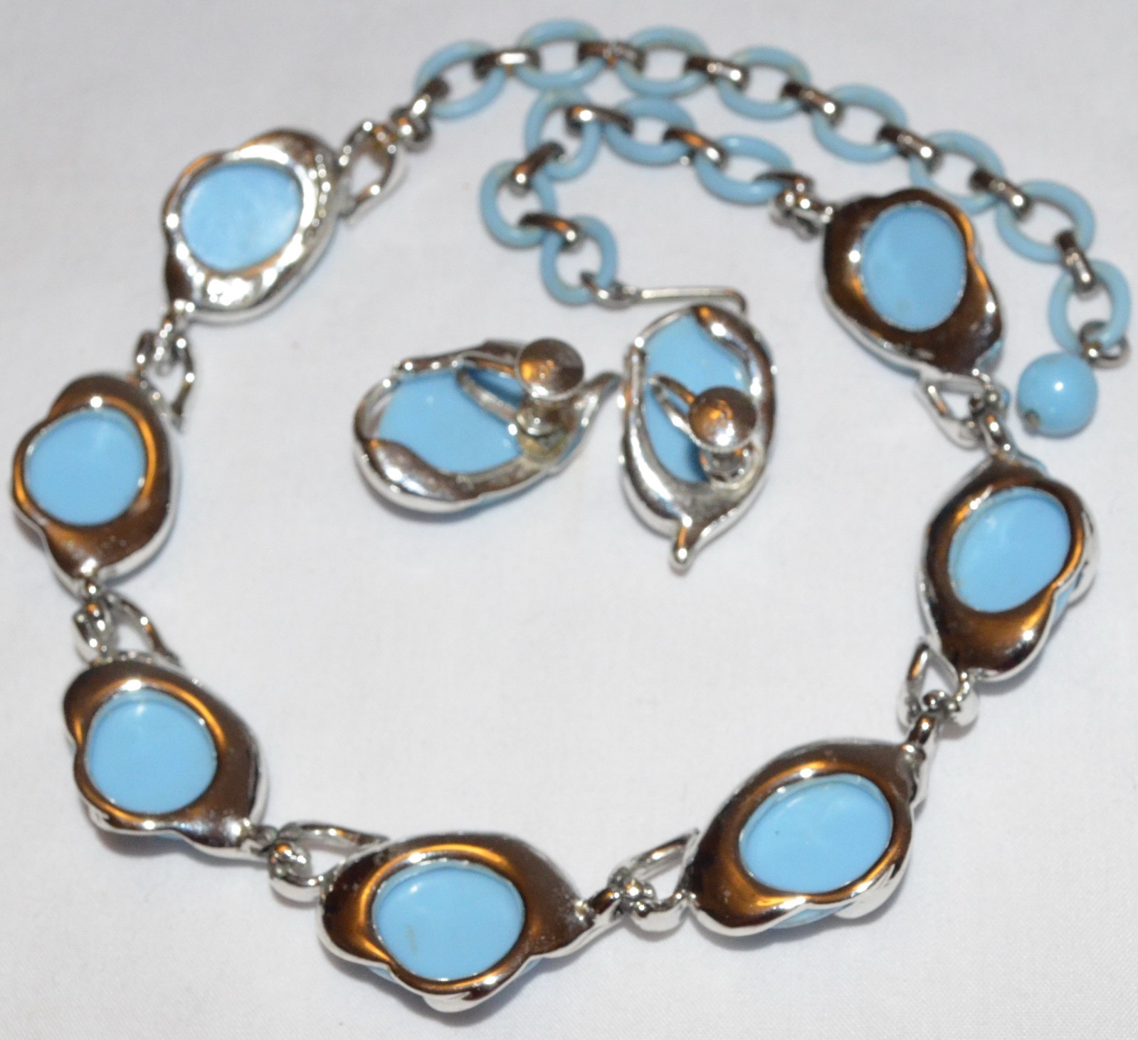 Vintage Coro Deco Blue Lucite Thermoset Plastic Chain Necklace Earring Set Lot