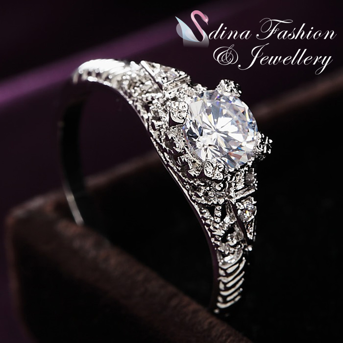 18K White Gold plated AAA Grade Cubic Zirconia Vintage HollowOut Engagement Ring