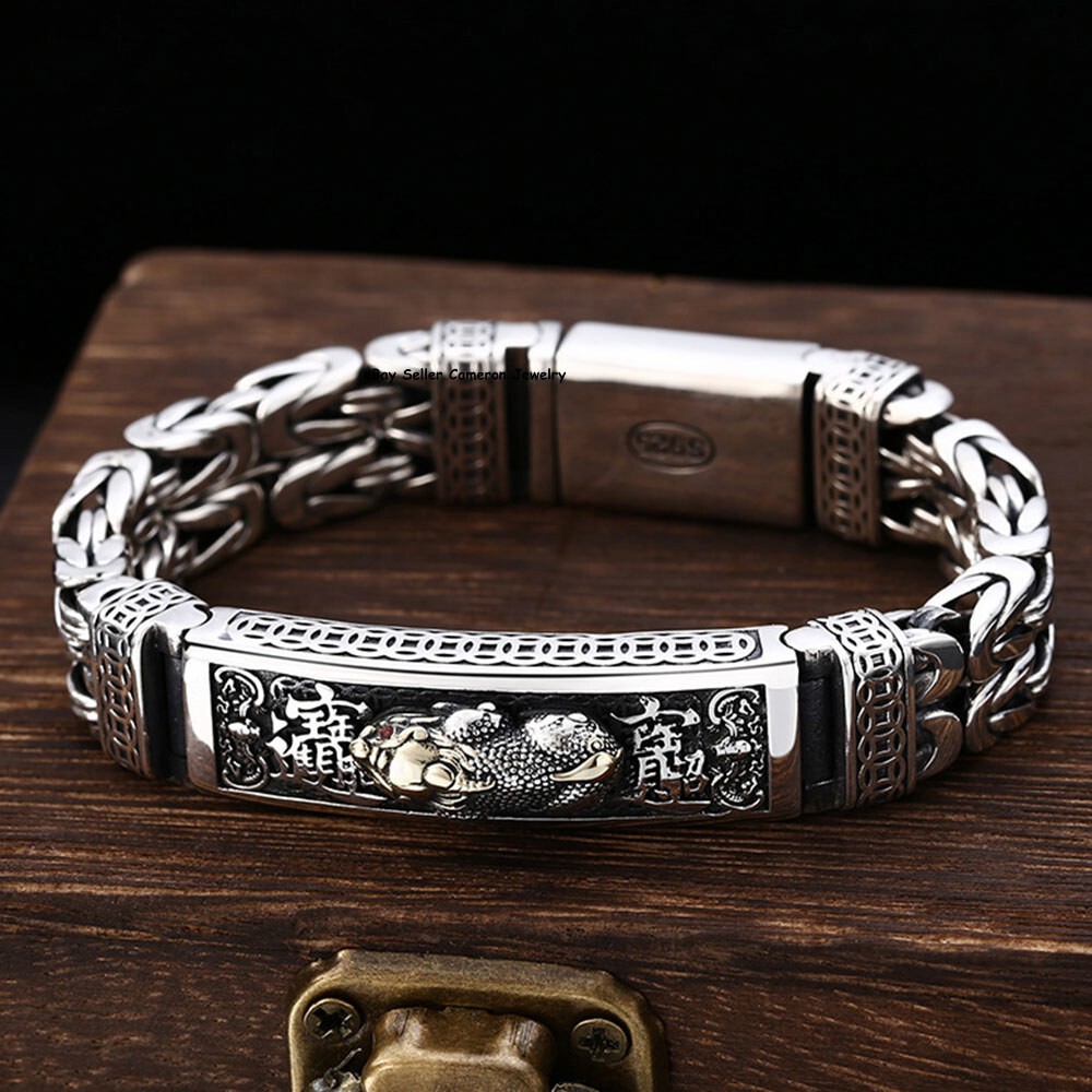 Fine Pure S925 Sterling Silver Chain Pixiu Byzantine Link Bracelet 7.1-7.9inch