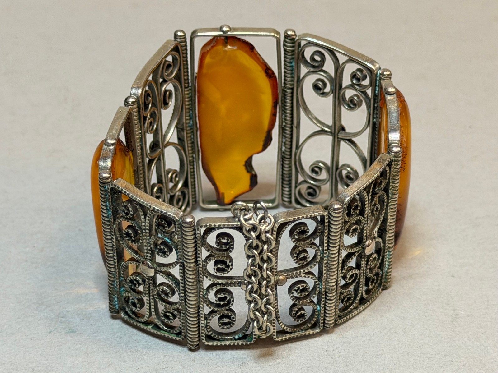 Vintage Soviet USSR Filigree Melchior Panel Bracelet Baltic Amber Honey Cognac
