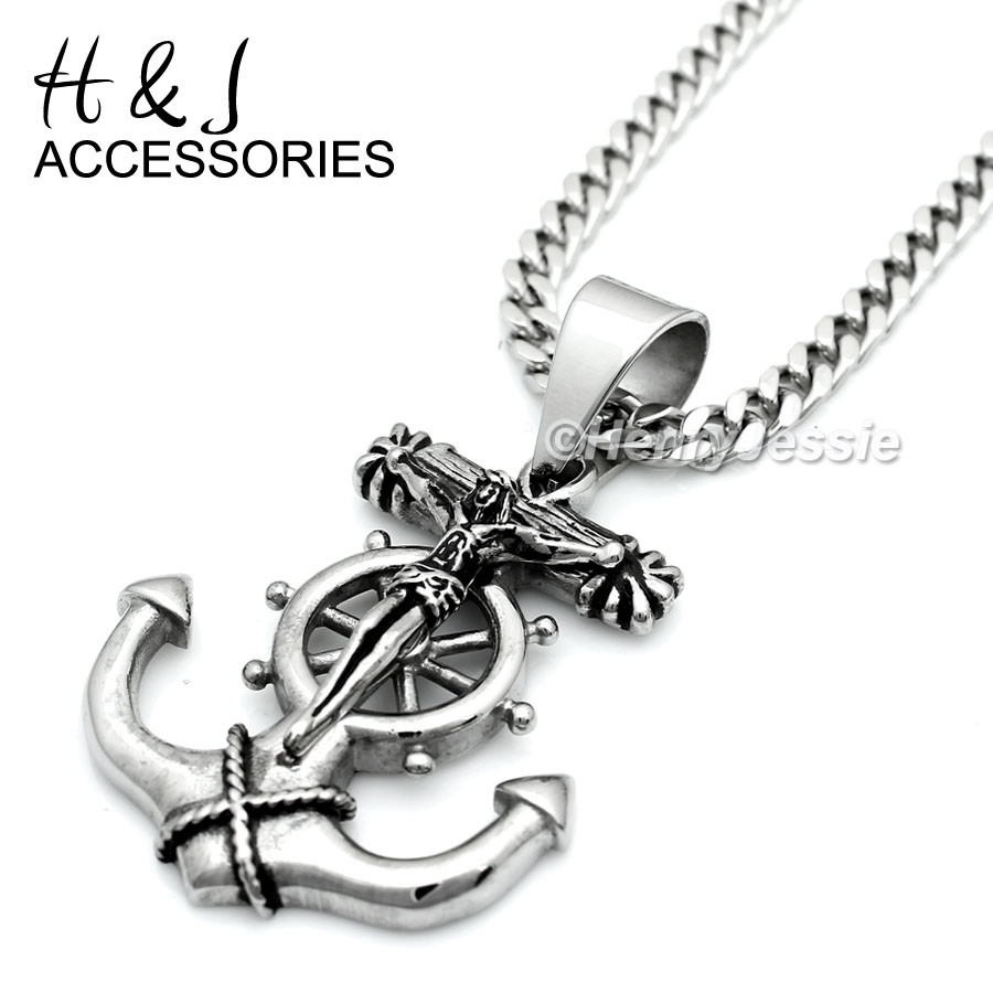 20″Stainless Steel 5mm Silver Cuban Curb Chain Anchor JESUS Cross Pendant*P58