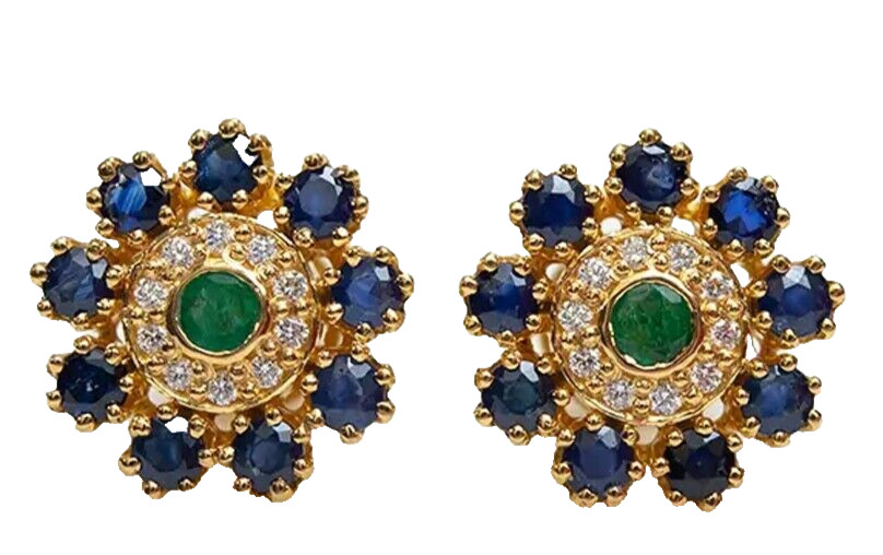0.60ct Natural Round Diamond 14K Yellow Gold Emerald Sapphire Stud Earrings
