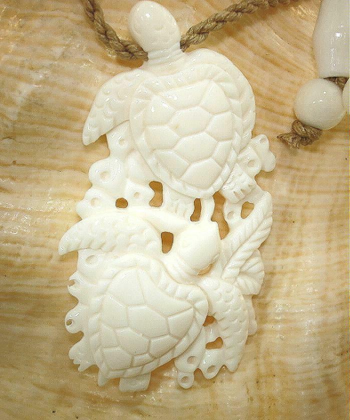 32.5MM CARVED WATER BUFFALO BONE HAWAIIAN REALM OF THE SEA TURTLES NECKLACE 27″