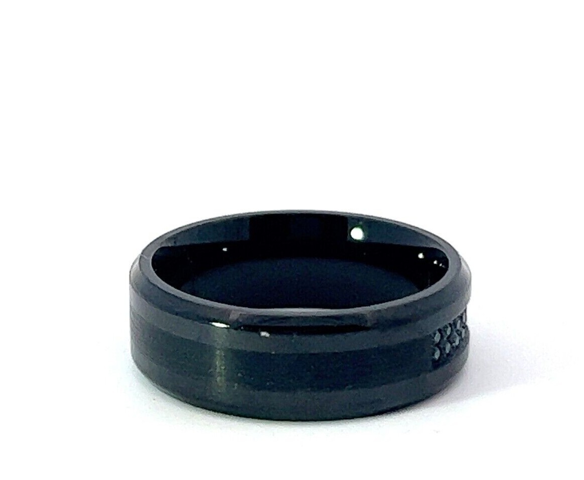 Black Stainless Steel 8mm Blue 0.14 CTW Diamond Band Ring