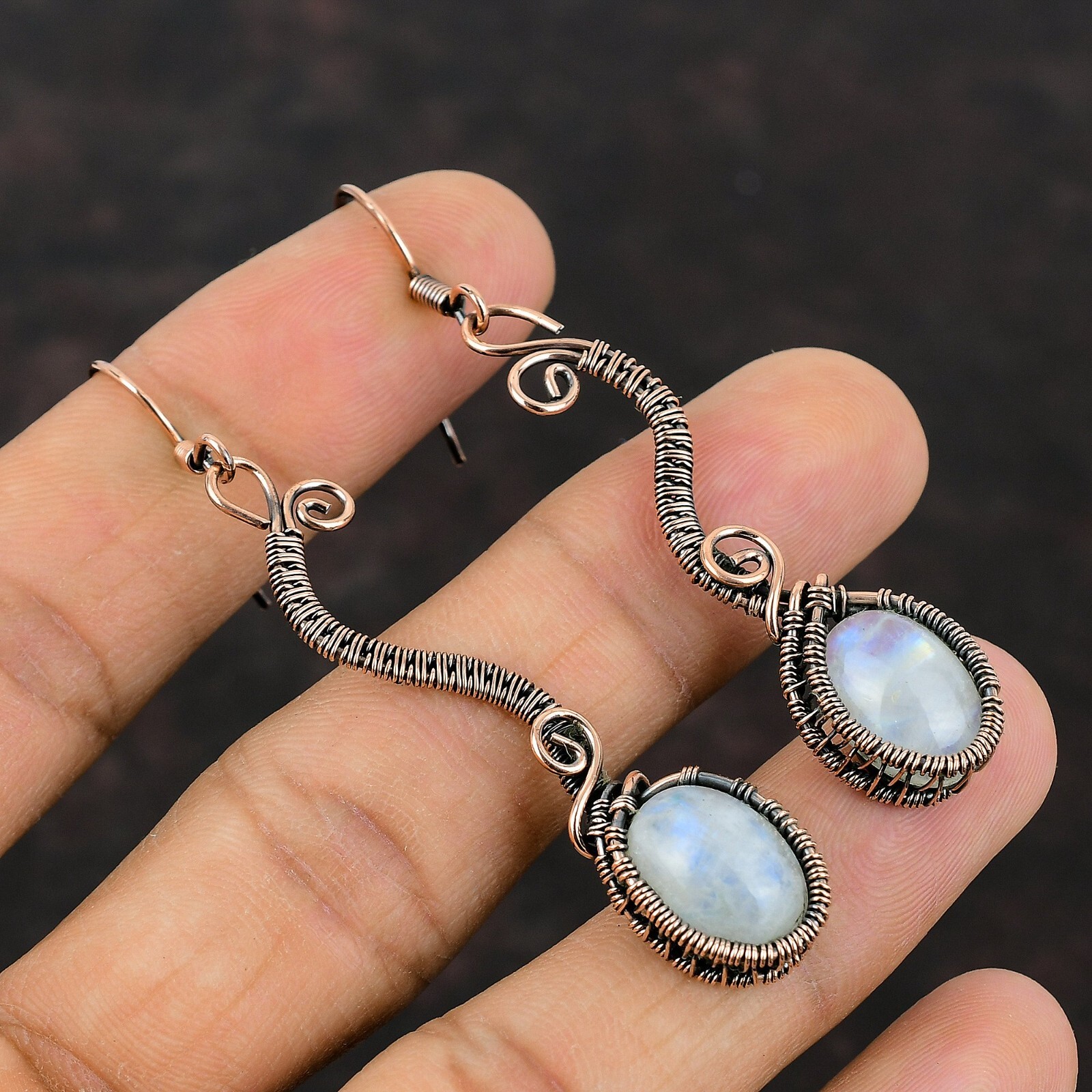 Rainbow Moonstone Copper Gift For Mother Wire Wrapped Drop/Dangle Earrings 2.72″