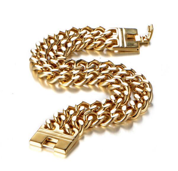 18mm 9” (23cm) Gold Stainless Steel Smooth Two Rows Curb Link-chain Bracelet
