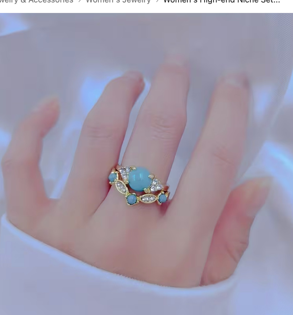 Vintage Turquoise Ring Set Boho Gold Filigree All Occasion Band Jewelry Sz 7