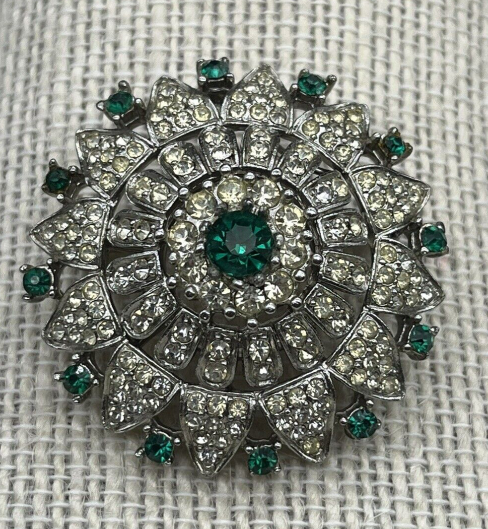 Vintage R.Mandle w/Crown Dome Brooch With Emerald Green and Clear Rhinestones