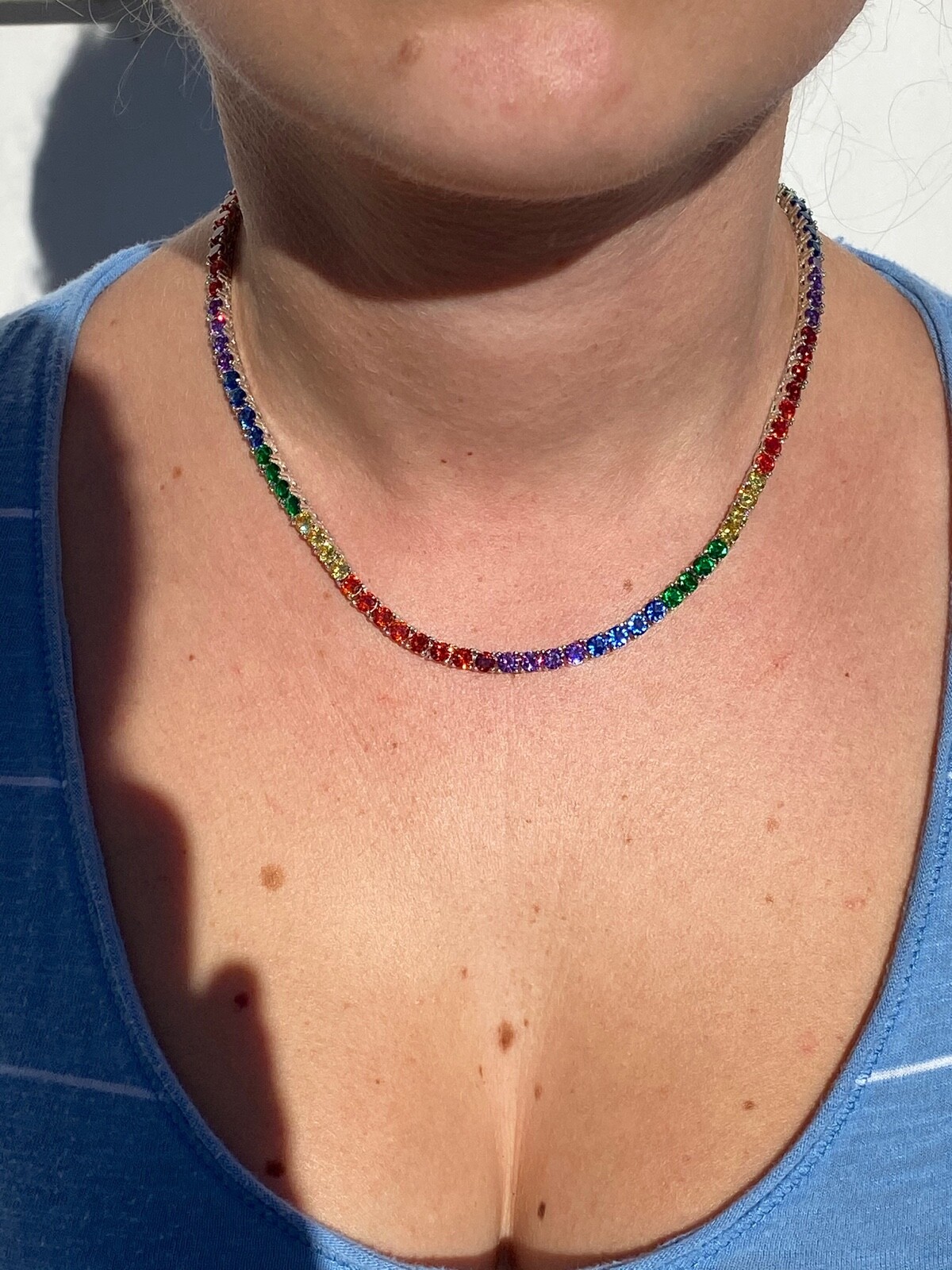 Tennis Chain SOLID 925 Sterling Silver Single Row Rainbow CZ Necklace ITALY