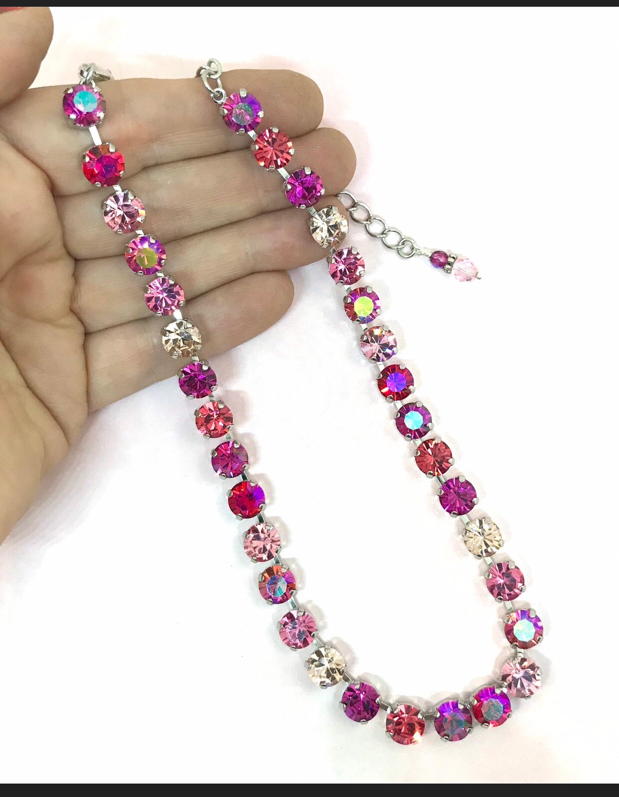 Fuchsia Pink Cup Chain Tennis Necklace, Rose Pink Mix Cup Chain Tennis Necklace